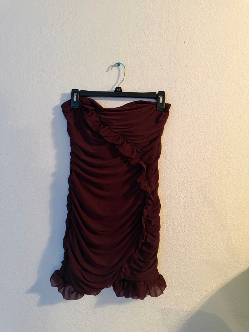 wild fable Burgundy Strapless Ruffled Ruched Mini Dress